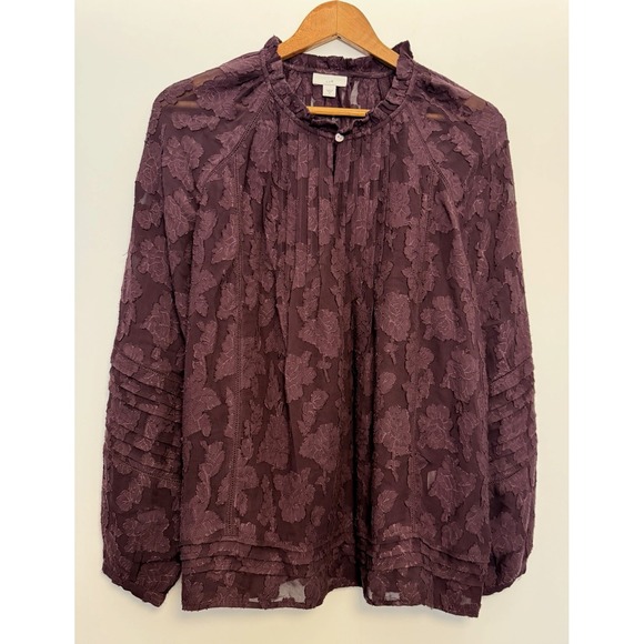 J.Jill Womens Floral Burnout Purple Blouse Sz M Sheer Romantic Boho Keyhole Neck - Picture 9 of 10